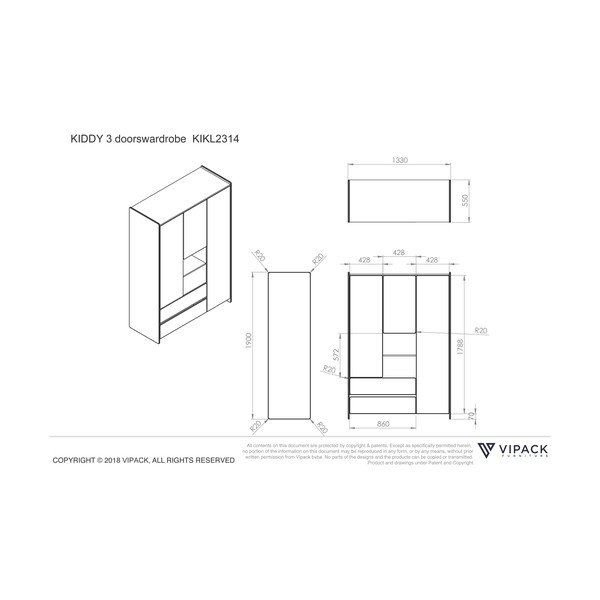 Biała szafa dziecięca Vipack Kiddy, 137,8 x 190 cm-image-4