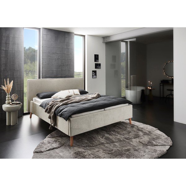 Kremowe tapicerowane łóżko dwuosobowe ze schowkiem ze stelażem 160x200 cm Riva – Meise Möbel-image-1