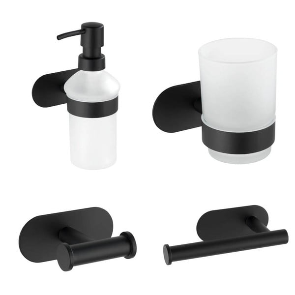 Samoprzylepny zestaw akcesoriów łazienkowych ze stali nierdzewnej w kolorze matowej czerni Orea – Wenko