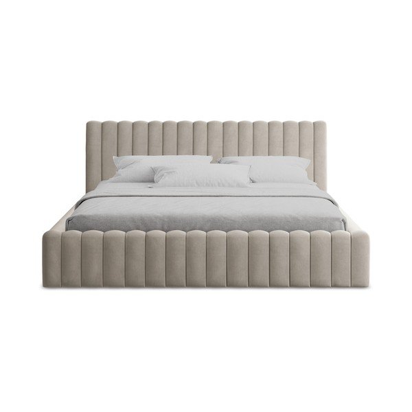 Szarobrązowe tapicerowane łóżko dwuosobowe ze schowkiem ze stelażem 140x200 cm Lemi – Makamii-image-4