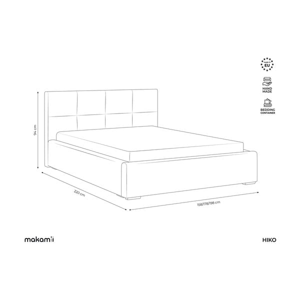 Jasnoszare aksamitne tapicerowane łóżko dwuosobowe ze schowkiem ze stelażem 140x200 cm Hiko – Makamii-image-3