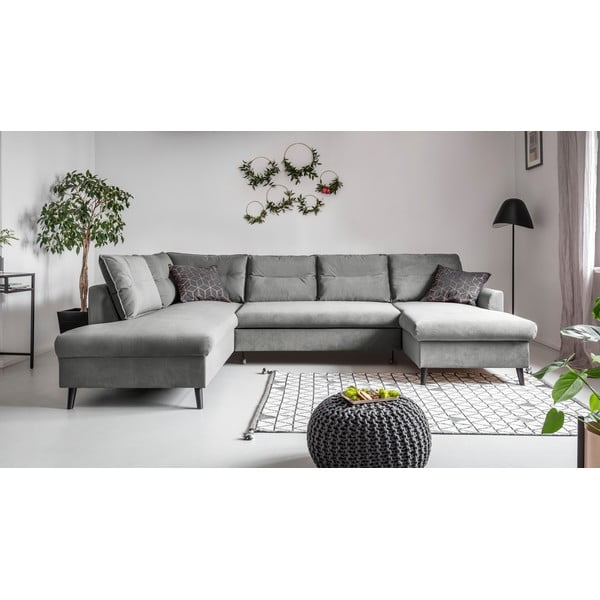Jasnoszara aksamitna rozkładana sofa w kształcie litery "U" Miuform Stylish Stan, lewostronna-image-1
