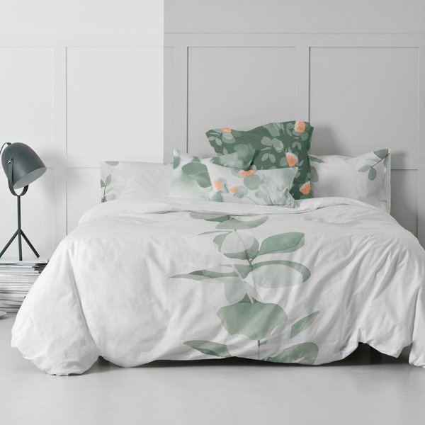 Biało-zielona bawełniana jednoosobowa poszwa na kołdrę 140x200 cm Corymbia – Blanc-image-3