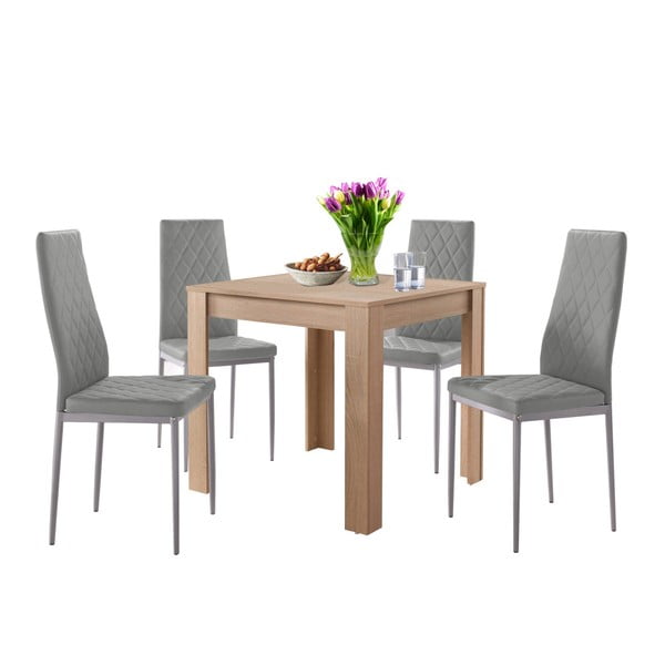 Komplet stołu do jadalni w dębowym dekorze i 4 szarych krzeseł do jadalni Støraa Lori and Barak, 80x80 cm