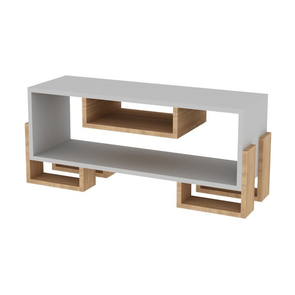 Biały stolik pod TV z dekorem drewna tekowego Mobito Design Vera