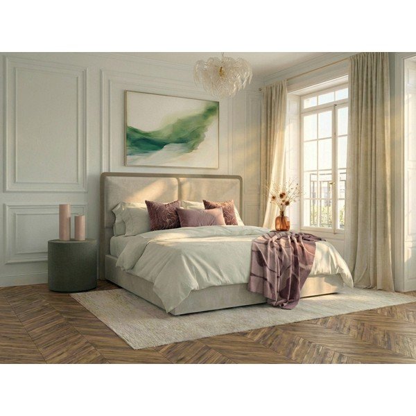 Beżowe/szarobrązowe tapicerowane łóżko dwuosobowe ze schowkiem ze stelażem 180x200 cm Mara – Bobochic Paris-image-1