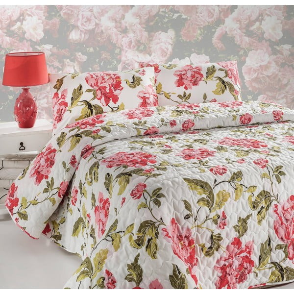 Narzuta na łóżko z poszewką na poduszkę Flower Pink, 160x220 cm