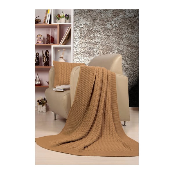 Zestaw jasnobrązowej narzuty i poduszki Kate Louise Tricot Blanket Set Sultan