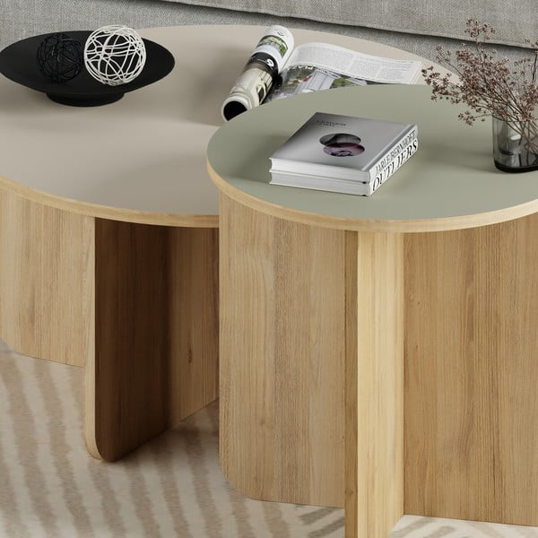 Kremowe/w naturalnym kolorze okrągłe stoliki zestaw 2 szt. w dekorze dębu ø 70 cm Hillary – Marckeric-image-3