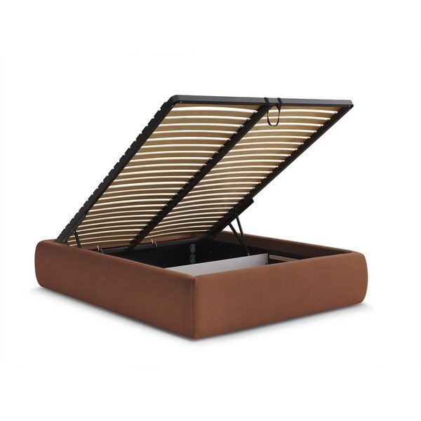 Pomarańczowe tapicerowane łóżko dwuosobowe bez zagłówka ze schowkiem i stelażem 160x200 cm Inera – Bobochic Paris-image-3