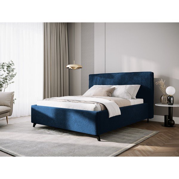 Ciemnoniebieskie tapicerowane łóżko dwuosobowe ze schowkiem i stelażem 160x200 cm Malou – Milo Casa-image-1