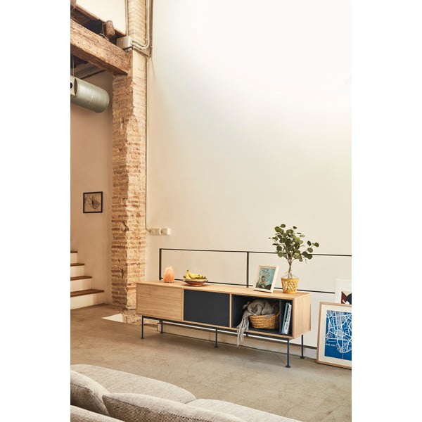 Grafitowa komoda pod TV w dekorze drewna dębowego Teulat Yoko-image-1