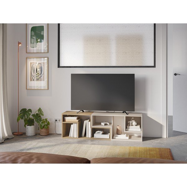 Biała/w naturalnym kolorze narożna szafka pod TV w dekorze dębu 145x45x35 cm Glina – Marckeric-image-1