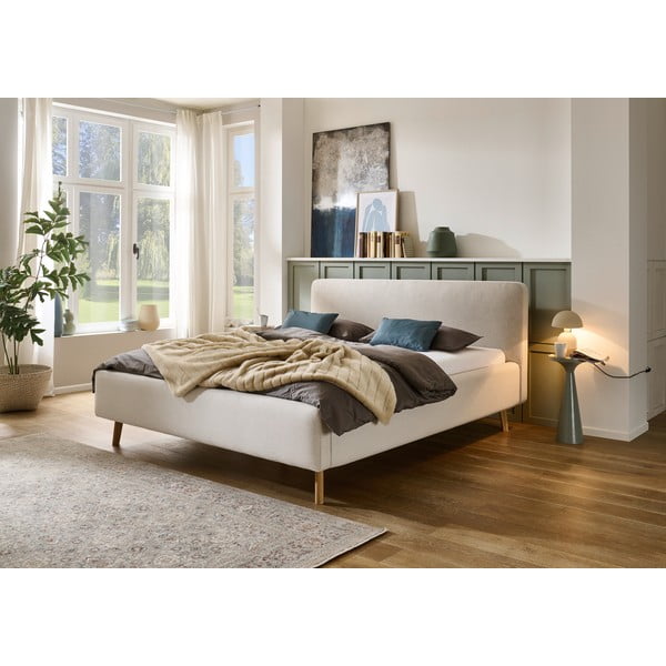 Kremowe tapicerowane łóżko dwuosobowe ze schowkiem i stelażem 160x200 cm Mattis – Meise Möbel-image-1