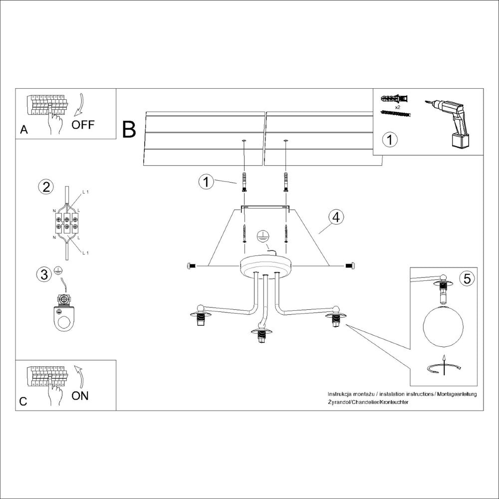 Czarno-biała lampa sufitowa Beam – Sollux (zdjęcie 9)