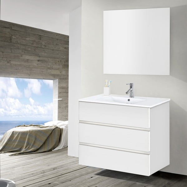 Szafka do łazienki z umywalką i lustrem Nayade, odcień bieli, 90 cm