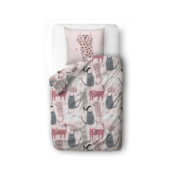 Różowa pościel dziecięca jednoosobowa z satyny bawełnianej 140x200 cm Meow Meow – Butter Kings
