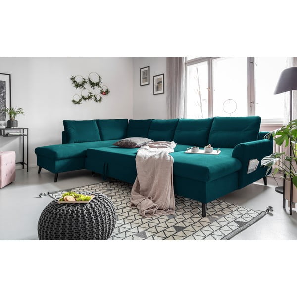 Turkusowa aksamitna rozkładana sofa w kształcie litery "U" Miuform Stylish Stan, lewostronna-image-4