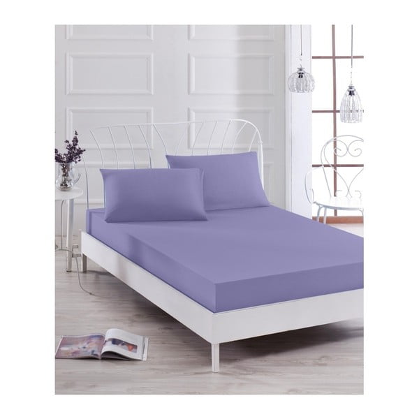 Komplet fioletowego elastycznego prześcieradła i poszewki na poduszkę Basso Purple, 100x200 cm
