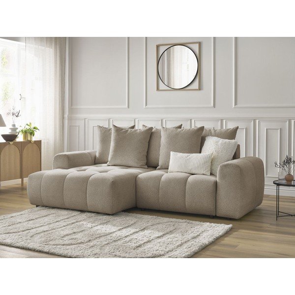 Beżowy rozkładany narożnik z tkaniny szenilowej ze schowkiem (lewostronny/z szezlongiem) Roxelane – Bobochic Paris-image-3