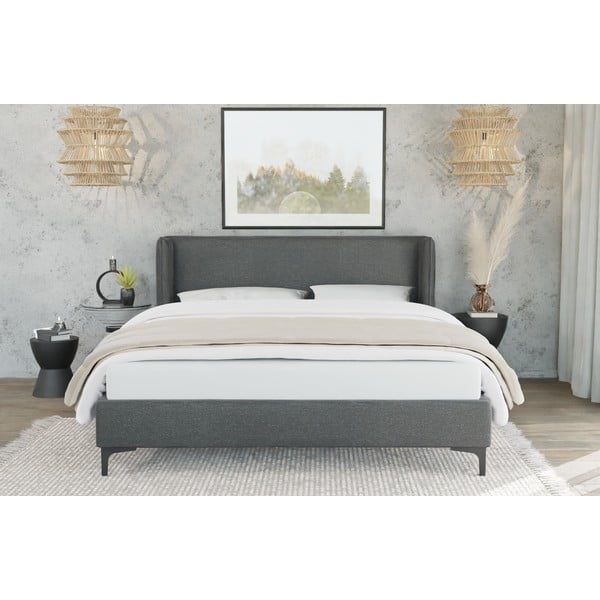 Ciemnoszare tapicerowane łóżko dwuosobowe ze stelażem 160x200 cm Basti – Ropez-image-2