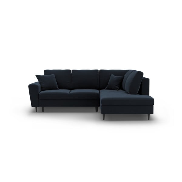 Ciemnoniebieski aksamitny rozkładany narożnik ze schowkiem (prawostronny/w kształcie litery L) Kyoto – Cosmopolitan Design