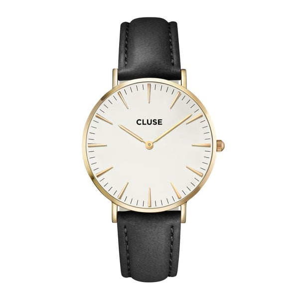 Zegarek damski z czarnym skórzanym paskiem i detalami w kolorze złota Cluse La Bohéme