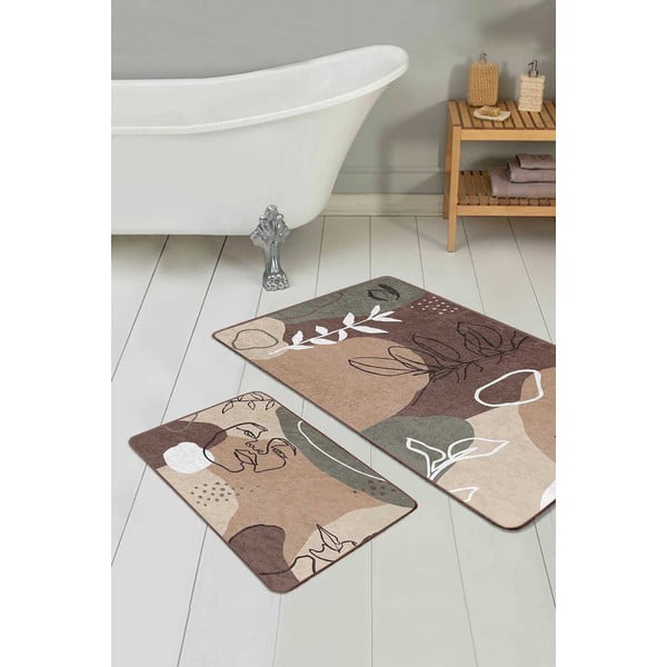 Brązowe aksamitne dywaniki łazienkowe zestaw 2 szt. 60x100 cm Abstract Faces – Mila Home-image-1
