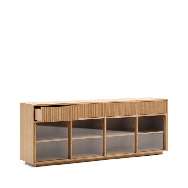 Witryna w dekorze dębu z drzwiami przesuwnymi w naturalnym kolorze 200x80x40 cm Helvine – Kave Home-image-3