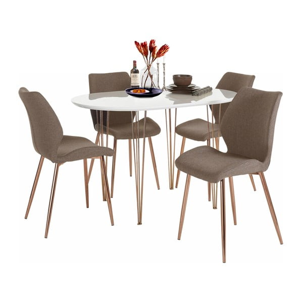 Komplet białego stołu do jadalni i 4 brązowych krzeseł do jadalni Støraa Emil and Annie