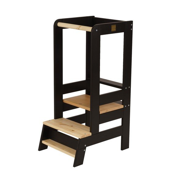 Czarno-naturalny pomocnik kuchenny dla dzieci z litego drewna sosnowego Montessori – Meowbaby