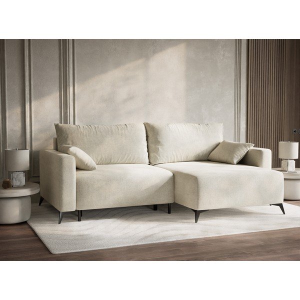 Kremowy rozkładany/ze schowkiem narożnik z tkaniny szenilowej (prawostronny/z szezlongiem) Leon – Maison de Rêve-image-4