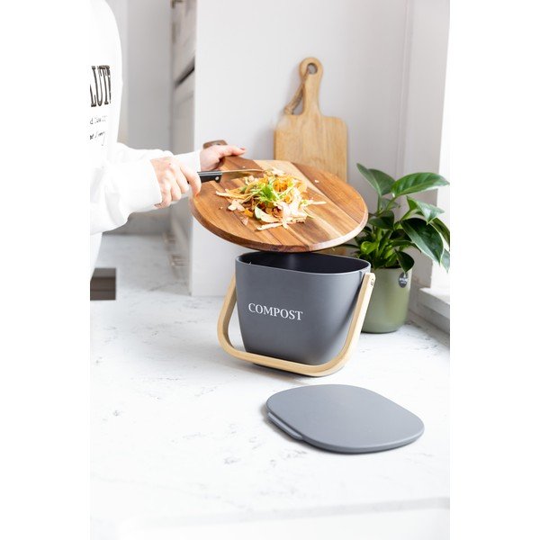 Ciemnoszary bambusowy pojemnik na odpadki organiczne Kitchen Craft Natural Elements-image-1