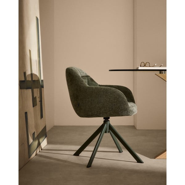 Ciemnozielony tapicerowany fotel jadalniany z podłokietnikami Dorina – Kave Home-image-1