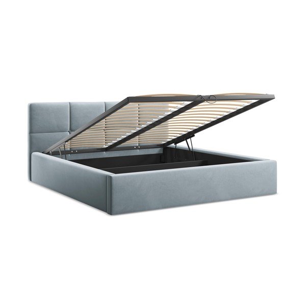 Jasnoniebieskie aksamitne tapicerowane łóżko dwuosobowe ze schowkiem ze stelażem 140x200 cm Hiko – Makamii-image-2