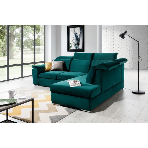 Zielony aksamitny rozkładany/ze schowkiem narożnik (prawostronny/w kształcie litery L) Loreto – ELTAP-image-4