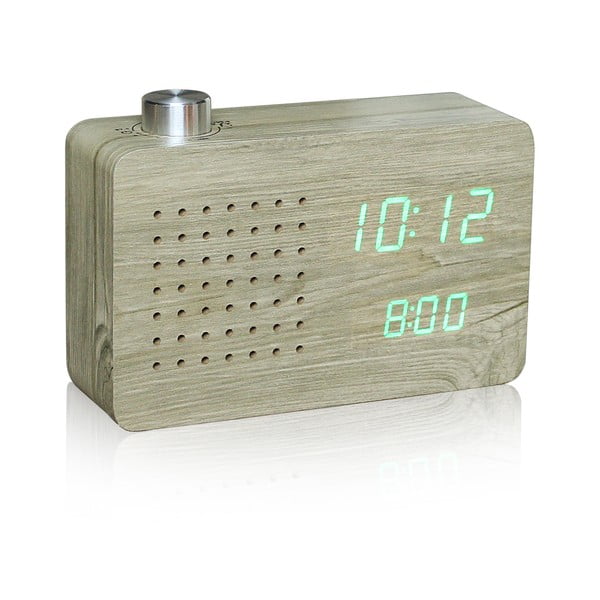Jasnobrązowy budzik z zielonym wyświetlaczem LED i radiem Gingko Radio Click Clock