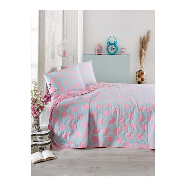 Niebiesko-różowa narzuta na łóżko dwuosobowe z poszewkami na poduszki Pari, 200x220 cm