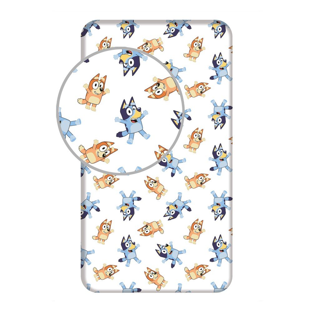 Białe bawełniane prześcieradło dziecięce jednoosobowe z gumką 90x200 cm Bluey – Jerry Fabrics
