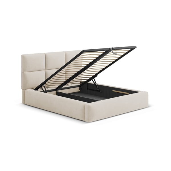 Beżowe tapicerowane łóżko dwuosobowe ze schowkiem ze stelażem 160x200 cm Libera – Windsor & Co Sofas-image-2