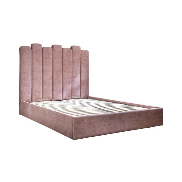 Różowe tapicerowane łóżko dwuosobowe ze schowkiem i stelażem 160x200 cm Dreamy Aurora – Miuform