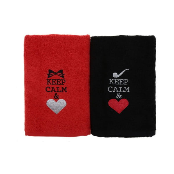 Komplet 2 czarno-czerwonych bawełnianych ręczników Keep Calm, 50x90 cm