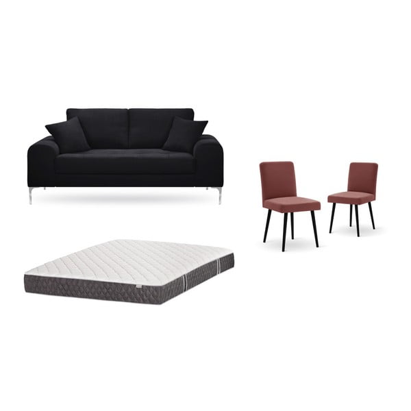 Zestaw 2-osobowej czarnej sofy, 2 czerwonych krzeseł i materaca 140x200 cm Home Essentials