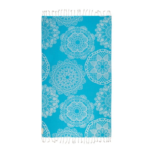 Niebieski ręcznik hammam z bawełnianych i bambusowych włókien Begonville Lace, 180x95 cm