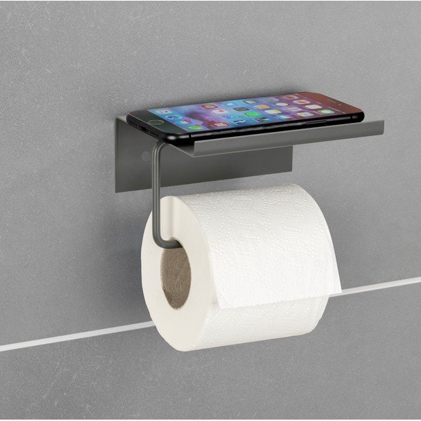 Antracytowy samoprzylepny metalowy uchwyt na papier toaletowy z półką Desulo – Wenko-image-1
