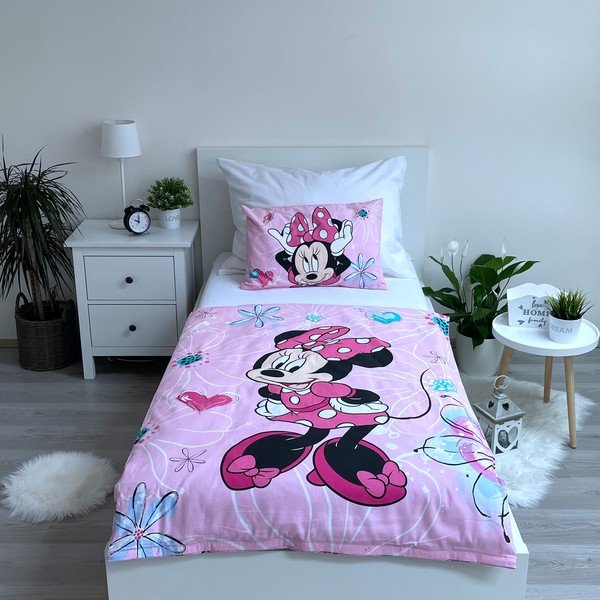 Różowa bawełniana pościel dziecięca do łóżeczka 100x135 cm Minnie Flowers  – Jerry Fabrics-image-1