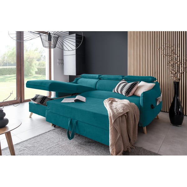 Turkusowy aksamitny rozkładany narożnik (lewostronny) Sweet Harmony – Miuform-image-4