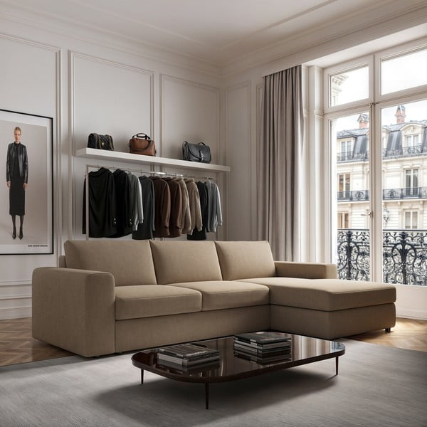 Jasnobrązowy aksamitny narożnik (prawostronny/z szezlongiem) Baga – Rodier-image-1