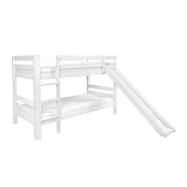 Białe dziecięce łóżko piętrowe z litego drewna bukowego ze zjeżdżalnią Mobi furniture Mark, 200x90 cm
