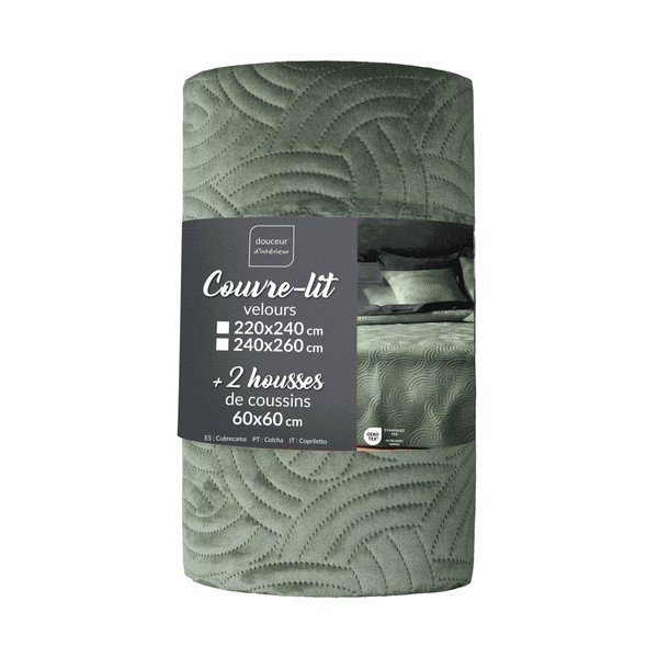 Zielony aksamitny zestaw narzuty na łóżko i poszewki na poduszkę 220x240 cm Solange – douceur d'intérieur
